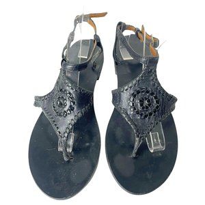 Jack Rogers Sandals Flats Maci Womens 8M Black Leather Thong Whipstitch Boho a43
